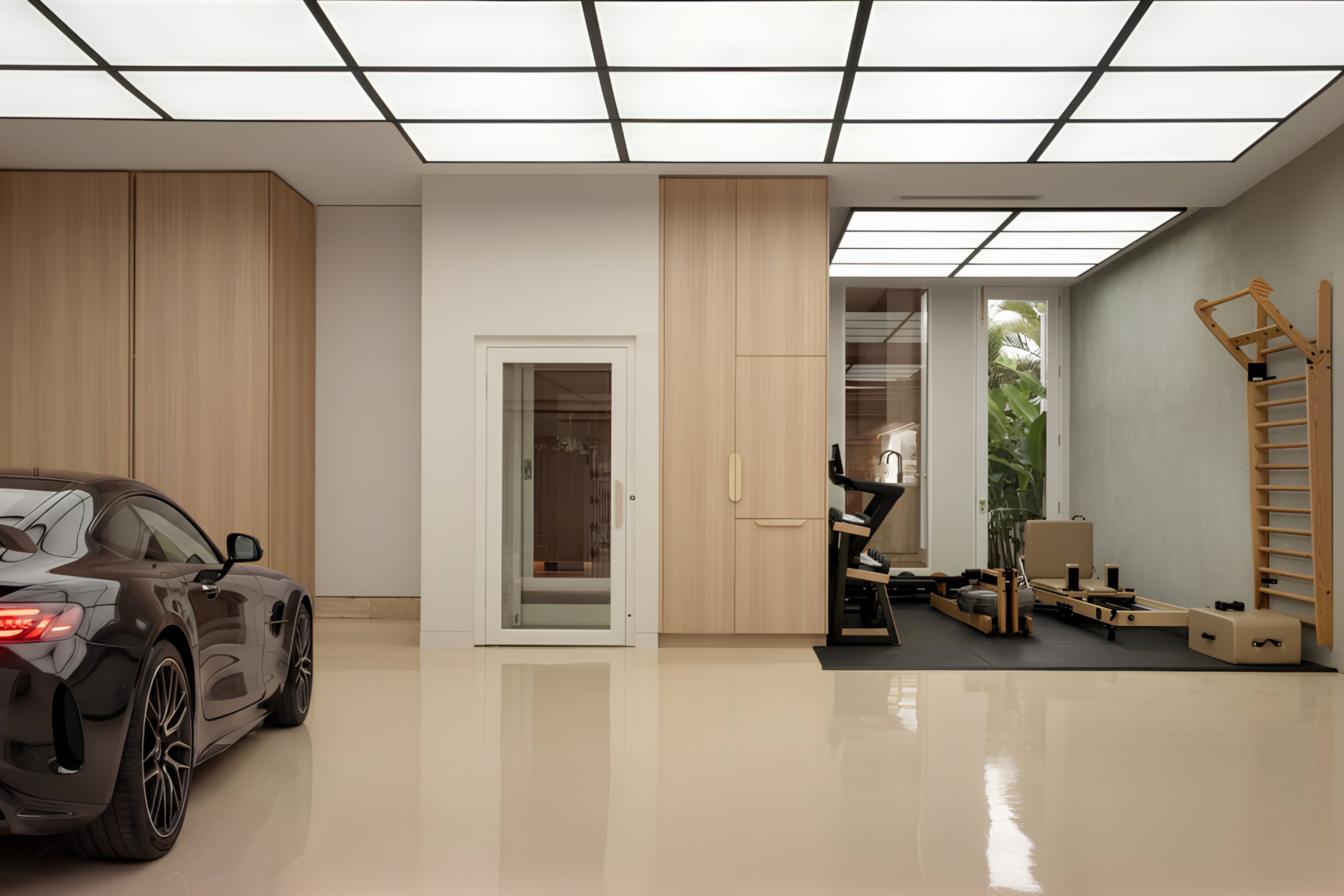 Elevator Boutique swing door home elevator with clear glass in a luxury garage and gym